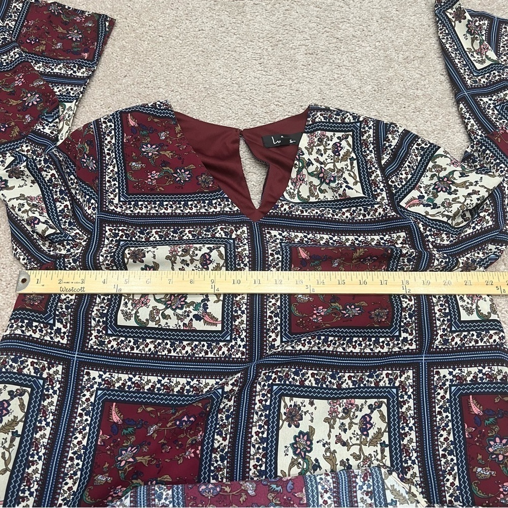 Lulu's Burgundy, Cream & Navy Patchwork Floral Ruffle-Hem Mini Dress - Picture 11 of 12